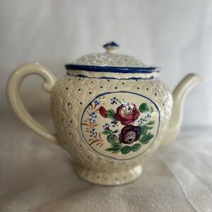 Floral Cream Teapot with Blue Accents